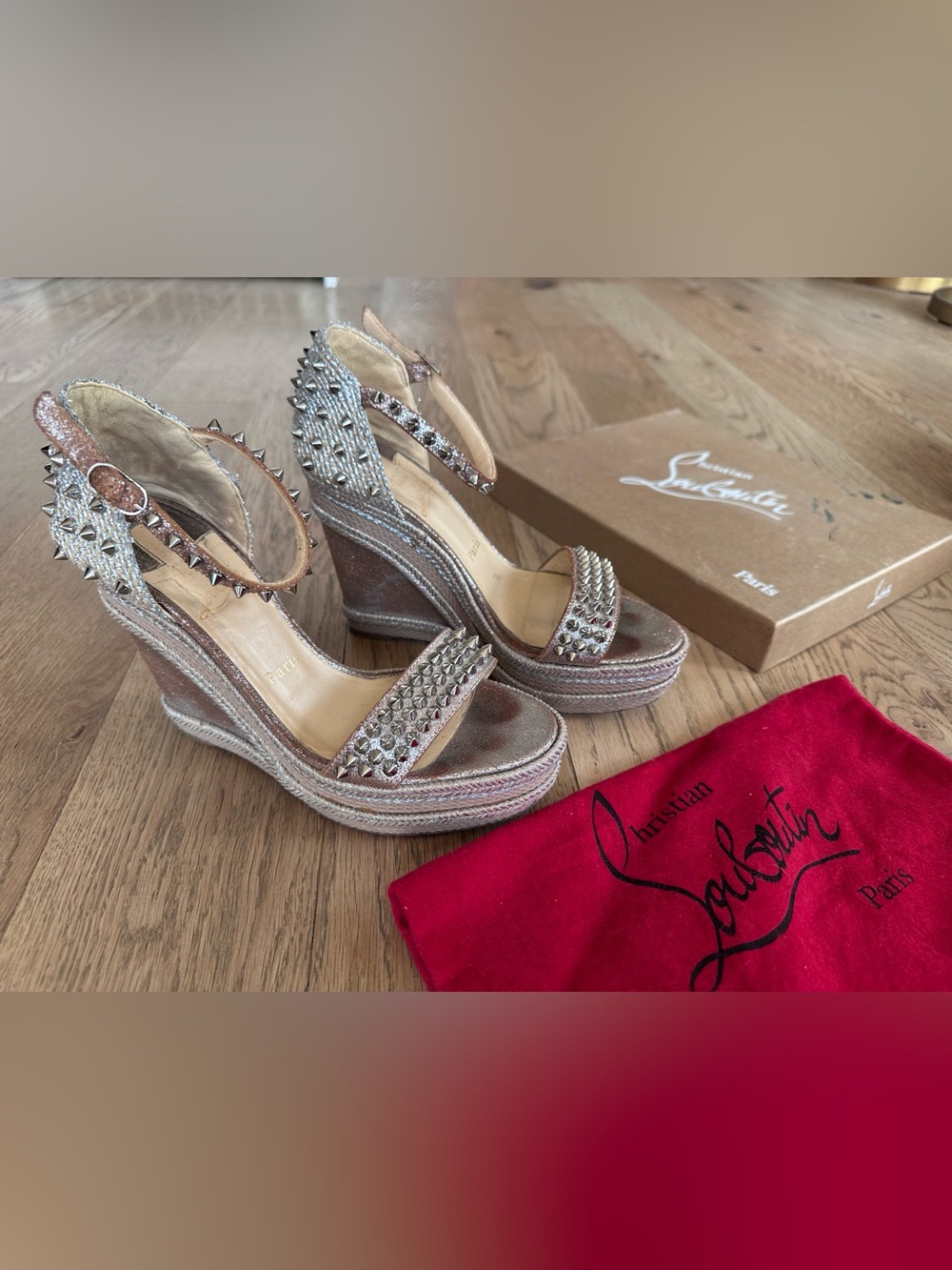 Christian Louboutin Metallic Silver Studded Wedge Sandals